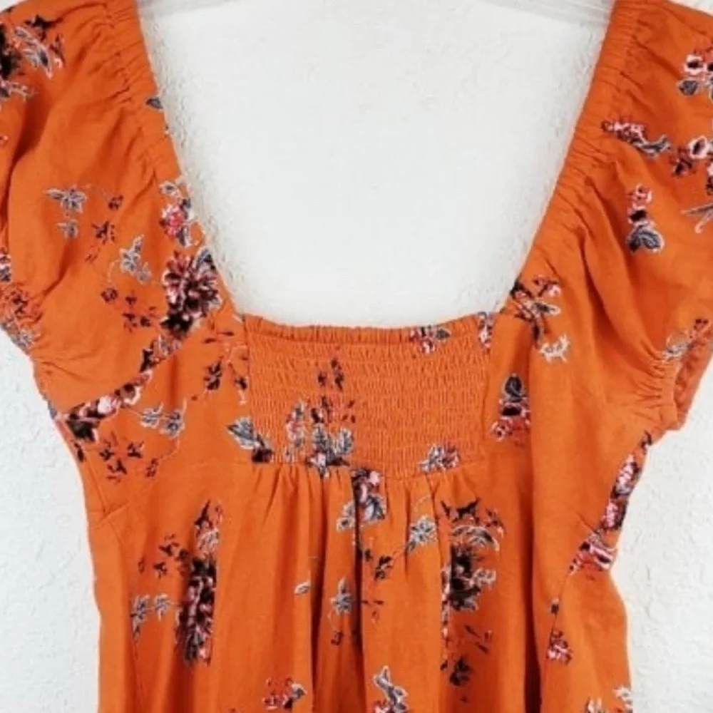 FREE PEOPLE Close To You Floral Puff Sleeve Top Orange XS Boho Cottagecore